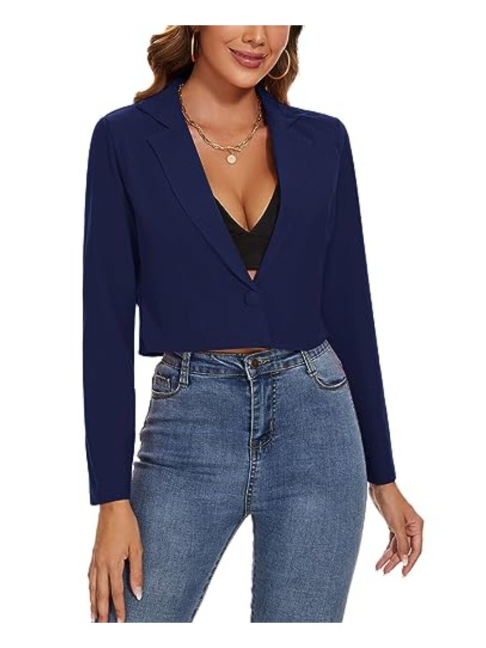 Womens Cropped Blazer Lightweight Stretch Notch Lapel Casual Work Jacket
